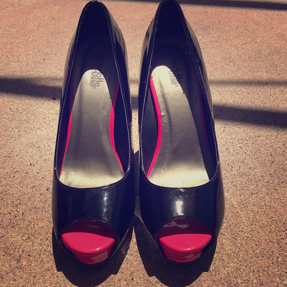 Black and Red patent leather peep toe pumps